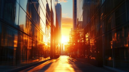 Poster - A cinematic view of a futuristic city street at sunset, where the last light of day casts long shadows between glass buildings