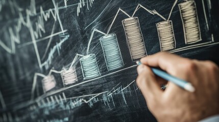 Poster - A close-up of a businessman hand sketching rising dollar stacks and financial graphs on a blackboard, illustrating wealth accumulation