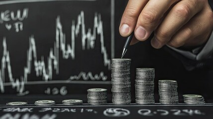 Poster - A close-up of a businessman hand sketching rising dollar stacks and financial graphs on a blackboard, illustrating wealth accumulation
