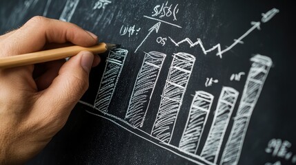 Poster - A close-up of a businessman hand sketching rising dollar stacks and financial graphs on a blackboard, illustrating wealth accumulation