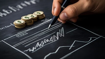 Poster - A close-up of a businessman hand sketching rising dollar stacks and financial graphs on a blackboard, illustrating wealth accumulation