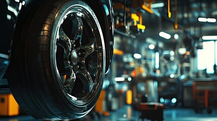 Poster - A close-up of a car wheel lifted in an auto repair shop, with mechanics and tools visible in the background under bright workshop lighting