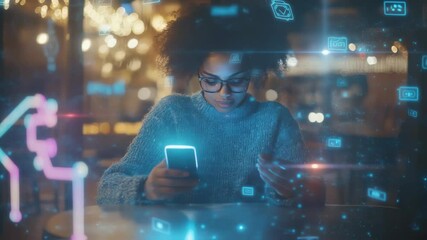 Poster - Young woman using smartphone and credit card for online shopping in cafe with augmented reality interface, futuristic digital icons and euro sign