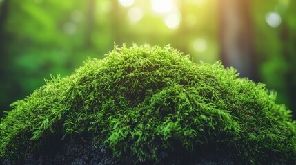 Wall Mural - Lush moss covers rock, blurred green forest backdrop with soft, bokeh sunlight