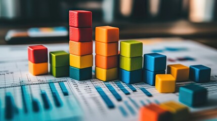 Poster - A conceptual image of colorful toy blocks placed on financial analytics sheets, illustrating structured business growth