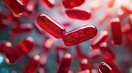 Poster - A conceptual medical background with floating red capsules, illustrating the advancement of pharmaceutical research