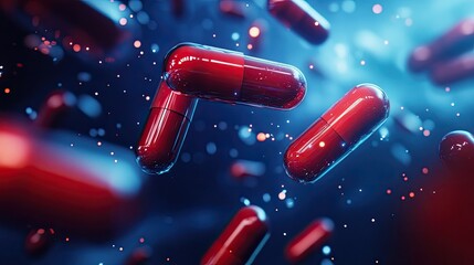 Poster - A conceptual medical background with floating red capsules, illustrating the advancement of pharmaceutical research