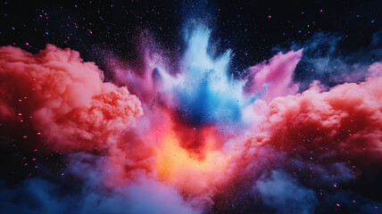 Poster - Vivid explosion of colored powder bursting against a contrasting black background
