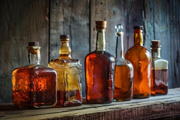 Poster - Vintage bottles of strong alcohol displayed on a rustic wooden table perfect for distillery advertising and collectible beverage showcases Generative AI