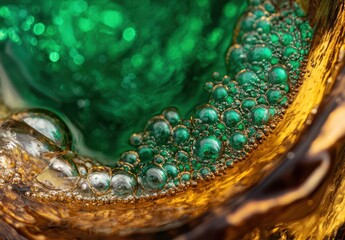 Poster - Close-up View of Colorful Bubbles Forming in a Refreshing Drink with Vibrant Green and Golden Hues Captivating with Intricate Details