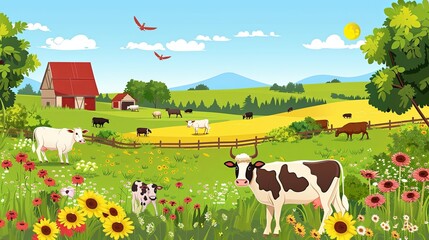 Poster - Scenic countryside garden with grazing animals and vibrant flowers in a peaceful rural landscape Generative AI