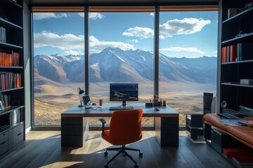 Poster - Office with breathtaking mountain view overlooking a vibrant autumn landscape in the late afternoon light