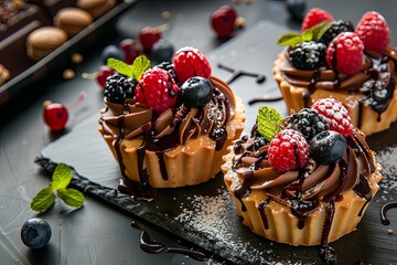 Poster - Elegant pastries adorned with chocolate and fresh berries, perfect for a sophisticated dessert display at any event Generative AI