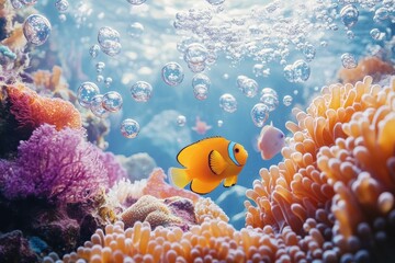 Aufkleber - Colorful clownfish swims among vibrant coral reefs in a serene underwater world filled with bubbles in tropical waters