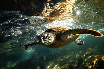 Poster - Close-up view of a sea turtle swimming in clear blue waters, showcasing intricate shell patterns and vibrant colors of marine life
