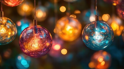 Aufkleber - Colorful orbs arranged in a row create a vibrant display of light and reflections in a dark setting during nighttime