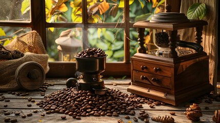 Poster - Rich aroma fills the air as coffee beans and grinders create the perfect brew on a rustic wooden table surrounded by nature Generative AI