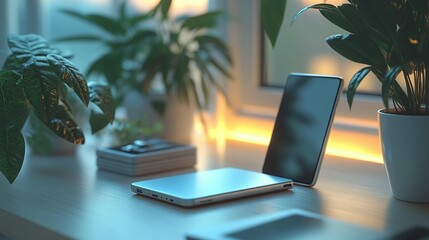 Poster - Laptop and tablet on desk with indoor plants, soft light.