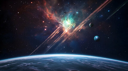 vibrant cosmic view with planet and nebula against dark background with glowing stars and light stre