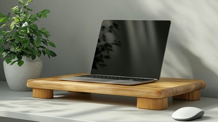 Poster - Laptop on wooden riser with plant and mouse on white desk.