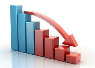 Aufkleber - Down Trend: a graph indicates a downturn in a financial state, featuring a downward-pointing red arrow against blue and red bar graph