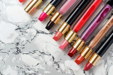 Poster - Colorful lip gloss and lipstick arranged elegantly on a marble surface showcasing rich shades and vibrant colors Generative AI
