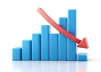 Aufkleber - Downward Trend: A clear illustration of business decline with a vivid red arrow dramatically descending over a blue bar graph