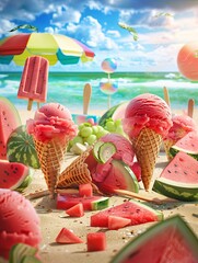 Aufkleber - Colorful watermelon ice cream and popsicles create a joyful summer treat on a sunny beach with playful elements and refreshing vibes Generative AI