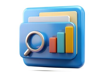Aufkleber - Data Analysis Icon: A 3D-rendered icon features a magnifying glass, a bar graph, and file folders, representing data analysis, research, and information.