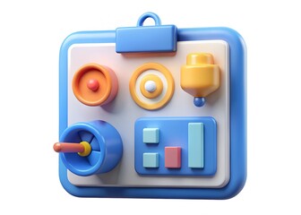 Poster - 3D Widget: A digitally rendered, abstract 3D widget in shades of blue, orange, and yellow, depicting a modern interface or control panel with various shapes and buttons.