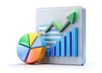 Aufkleber - Financial Growth Visualized: A dynamic 3D rendering of a pie chart and bar graph ascending, conveying concepts of business, finance, and investment, representing upward trends and market success.