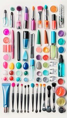 Poster - Colorful array of nail polishes and manicure tools neatly arranged on a light background showcasing creative options for nail art Generative AI