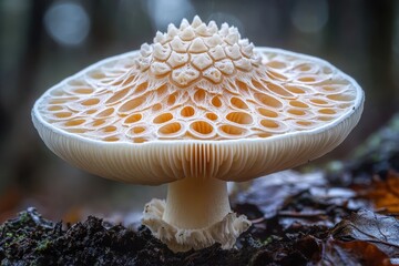 Poster - Unique mushroom displaying intricate patterns in a lush forest environment during the early morning light