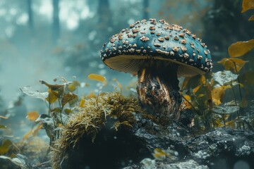 Poster - Unique mushroom displaying intricate patterns in a lush forest environment during the early morning light