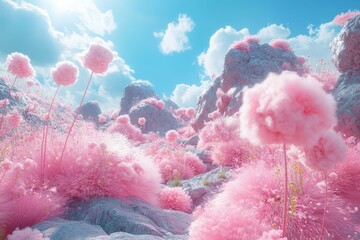 Aufkleber - Dreamy pink landscape with fluffy flowers under a bright blue sky at midday in a surreal natural setting