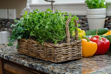Poster - Rustic basket overflowing with fresh microgreens and colorful vegetables on a kitchen countertop Generative AI