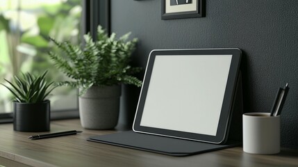Poster - Modern workspace with tablet, plants, and stationery on wooden desk.