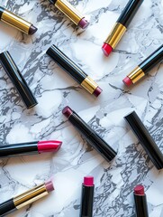 Poster - Colorful lip gloss and lipstick tubes elegantly arranged on a marble surface with a variety of rich shades Generative AI