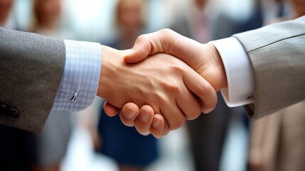 Fototapete - Business professionals engaging in a firm handshake during a networking event in a modern office environment