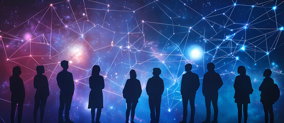 Aufkleber - Network of Visions: A collective of silhouettes stands poised, gazing upon a dynamic, interconnected network of celestial lights, symbolizing human connection in a modern world. 