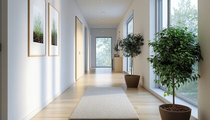 Poster - Elegant interior design of a modern hallway featuring natural materials, inviting atmosphere, and light-filled space, showcasing sleek lines and soothing decor elements