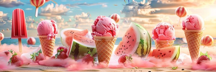 Aufkleber - Watermelon flavored ice cream and popsicles on a sunny beach creating a refreshing summer experience Generative AI