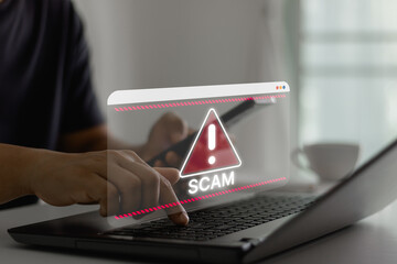Aufkleber - Cyber security, Software warning fraud, Scam alert. Hacker detection attack on computer network, virus, spyware, malware, phishing, crime online website. Protect digital business account information.