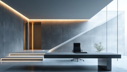 Poster - Contemporary office interior featuring a sleek black desk and elegant chair with panoramic windows overlooking a tranquil winter landscape