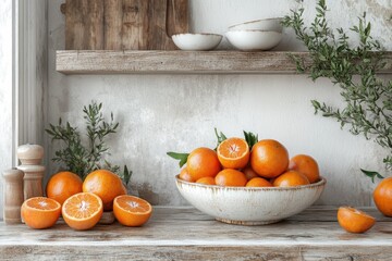 Aufkleber - Fresh oranges arranged in a rustic bowl with leaves, illuminated by warm natural light in a cozy kitchen setting