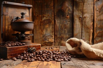 Poster - Discover the rich aroma of freshly ground coffee beans surrounded by traditional grinders on a rustic wooden table for coffee lovers Generative AI