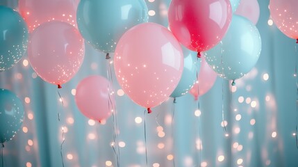 Poster - Colorful balloons in pastel shades floating against a soft blue backdrop with twinkling fairy lights during a celebratory event