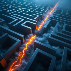 a maze with a line of fire in the middle. the fire is orange and is coming from the top of the maze