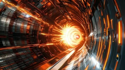 Poster - Bright energy surge in a futuristic tunnel structure during a scientific experiment