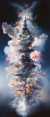 Fototapete - Abstract Cityscape Tower Emerging from Colorful Smoke Clouds
